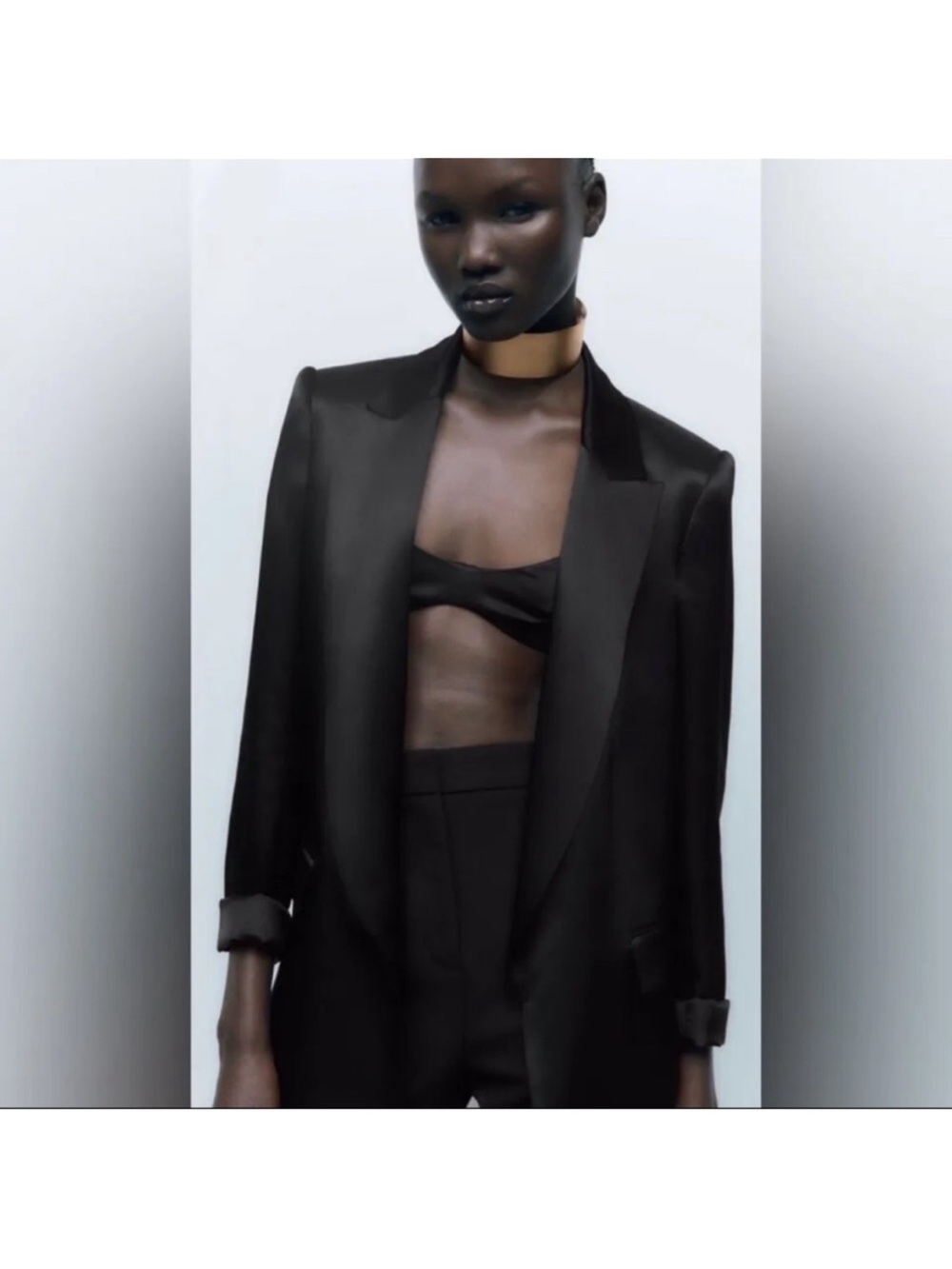 ZARA BLACK TURNED-UP CUFF SATIN EFFECT BLAZER